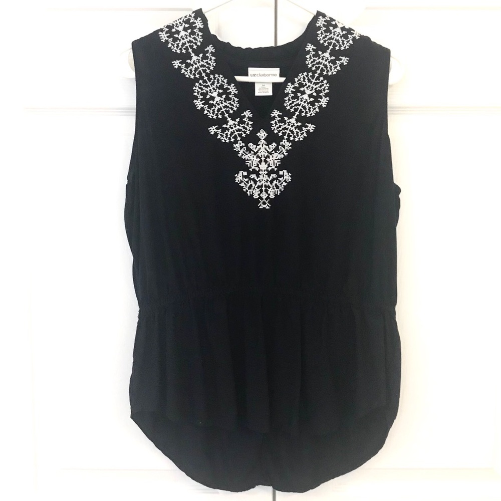LIZ CLAIBORNE Embroidered Boho White Black Top M